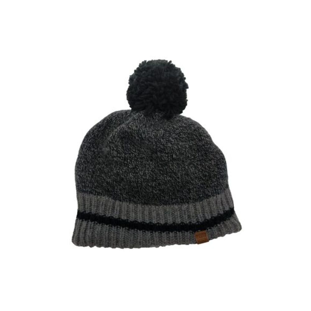 ROOTS CABIN Unisex Beanie Wool Blend Gray‎ Pom Pom Chunky Knit Stripe Cozy Gorp